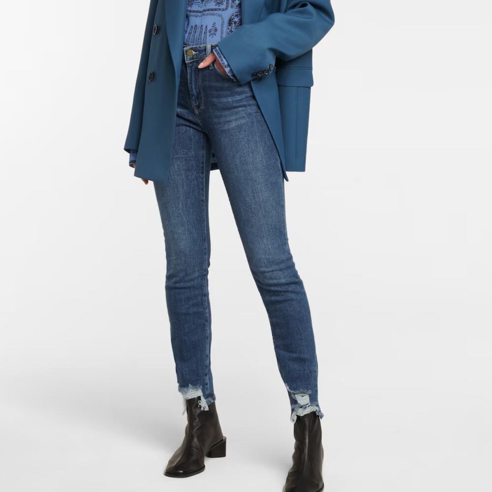 Frame Le Skinny de Jeanne Distressed Mid Rise Jeans Dark Wash Blue 28